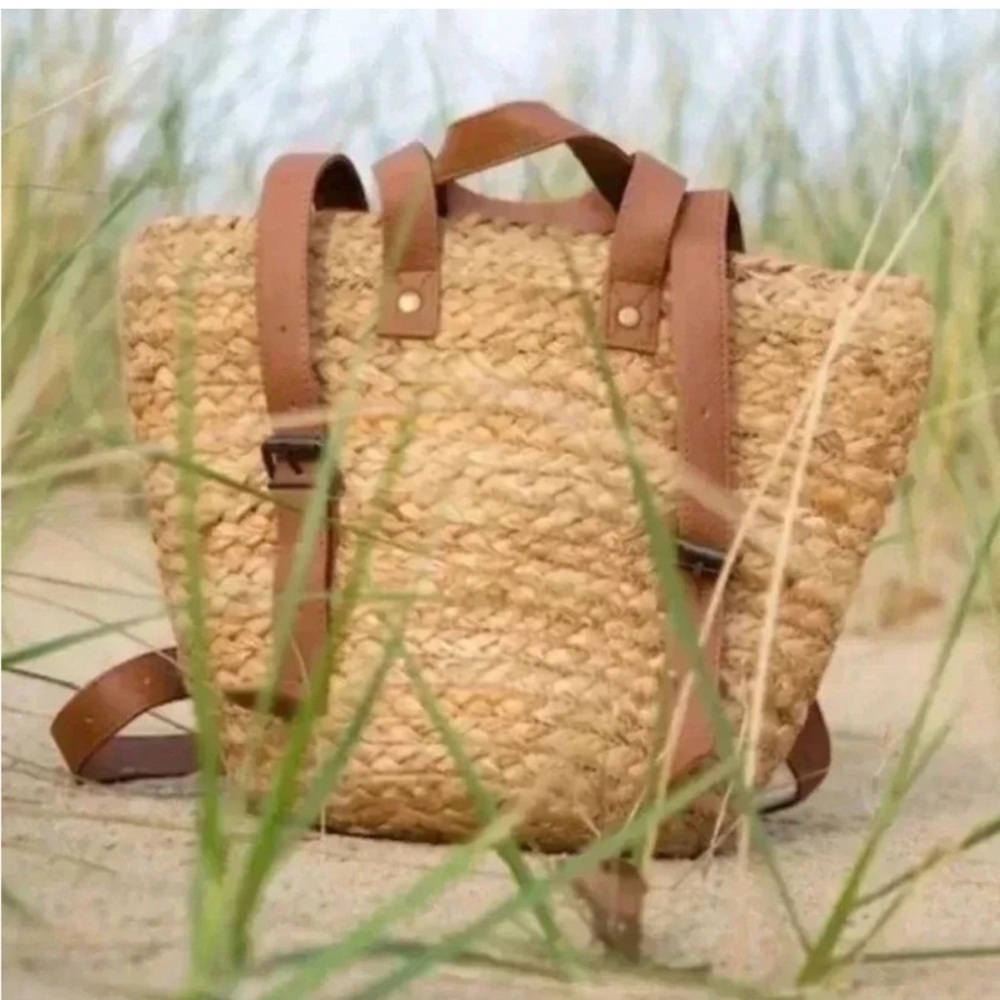 Woven Straw Backpack with Brown Leather Straps